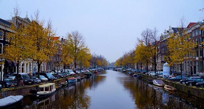 A row of houses along a canal.